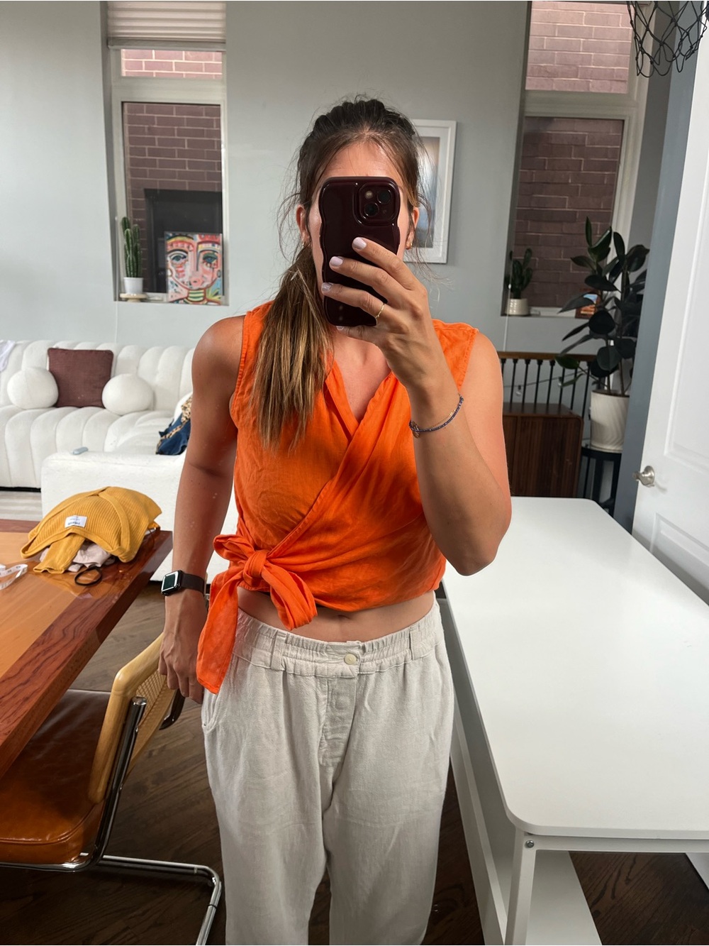 Ann Taylor Linen Orange Sleeveless Wrap top  with Side Tie